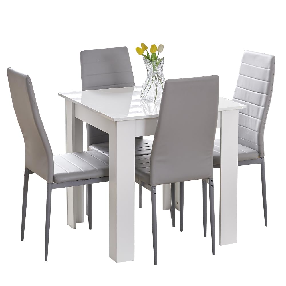 Rainbow Tree Modern 5 Piece Dining Room Table and Chairs Set, Wooden Square Table with 4 Chairs for Small Space Apartment Space Saving (White Table+4 Grey PU Chair) — image 1