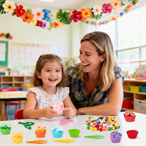 Image of EZdhuawuse Summer Sensory Bin Fillers - 304Pcs Hawaii Flower Fine Motor Toys Counting Sorting for Kids, Felt Colorful Hawaii Flower Pom Poms Cup Clip for Preschool Education Birthday Gift Party Favors