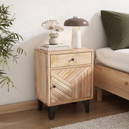 Solid Wood Nightstand with Drawer and Shelf, Sturdy Bedside Table