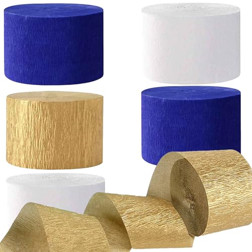Image of We Moment Navy Blue Gold White Crepe Paper Streamers Party Streamer 1.8 Inch Widening 6 Rolls,Royal Blue Gold Party Decorations Streamer 82 feet per roll for Graduation Boy Birthday Party Decorations