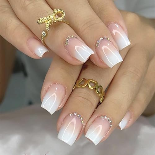 RikView Uñas acrílicas cortas a presión, color blanco, uñas francesas con puntas blancas, uñas cuadradas brillantes, cobertura completa, 24 unidades