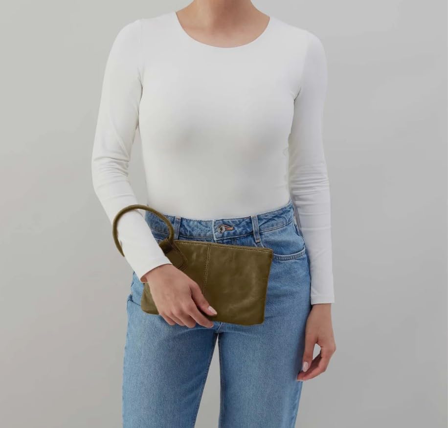 Image of HOBO Sable Leather Wristlet Clutch with Circular Handle, Zippered Closure, Credit Card Organizer, & Interior Zip Pocket