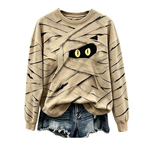 Women Halloween Mummy Cat Sweatshirt Funny Graphic Pullover Tops White - image 2