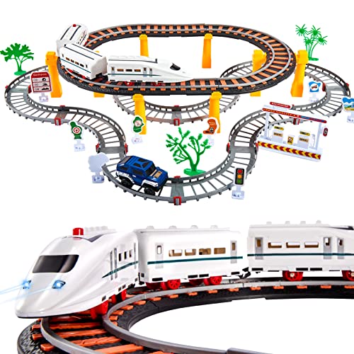 HYAKIDS Conjunto de Tren Juguete, Tren de Alta Velocidad con Sonidos y Luces Realistas, Pista de Coches de Juguete, Vías Férreas Coche de Carreras Vehiculo Todoterreno Desmontar Juguetes 3 4 5 6 Años Cover