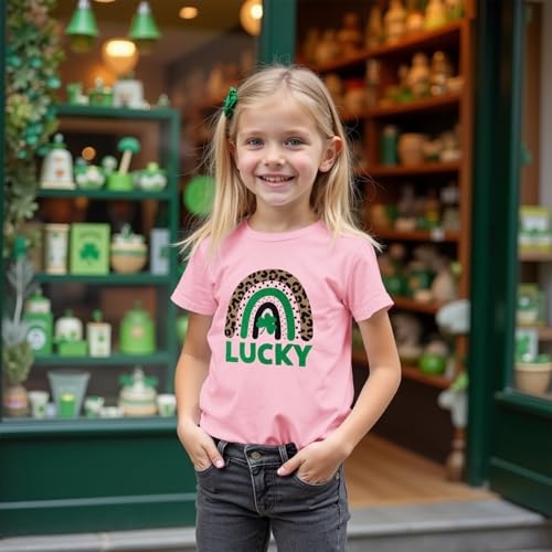 MODNTOGA Kids Girl St Patricks Day Shirt Leopard Rainbow Graphic Tee Lucky Shamrock T-Shirt Green Clover Short Sleeve Tops2