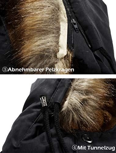FTCayanz Herren Warme Winterjacke Parka Lang Wintermantel Mit Kunstfell Kapuze Outdoor Gefütterte Steppjacke Jacke Schwarz XL
