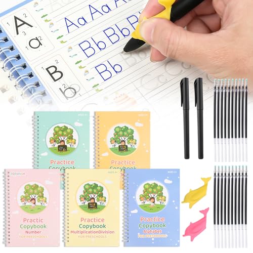 Metodi di scrittura standardizzati: i nostri quaderni di scrittura a mano utilizzano cartone bianco spesso, robusto e riutilizzabile, con design su entrambi i lati e stampa chiara. Il contenuto è stato ripetutamente controllato, rendendolo un buon aiuto per l'apprendimento e la pratica dei bambini. 2 penne e 20 ricariche sono sufficienti per un uso ripetuto, 2 ausili per la scrittura a mano in silicone sono forniti per facilitare i bambini a padroneggiare il metodo di tenere la penna.