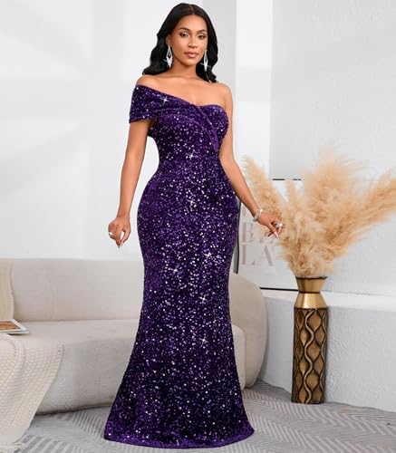 Image of Cololura Women Sexy Sequin One Shoulder Mermaid Formal Party Cocktail Gowns Bodycon Evening Maxi Dress
