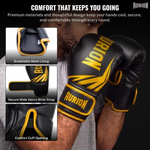Image of Aurion Boxing Gloves 16oz for Men | Premium PU Leather | 4-Layer Impact Protection | Breathable Mesh Palm | Wrist Support | Kickboxing, MMA, Sparring, Heavy Bag Training | (Black Gold)