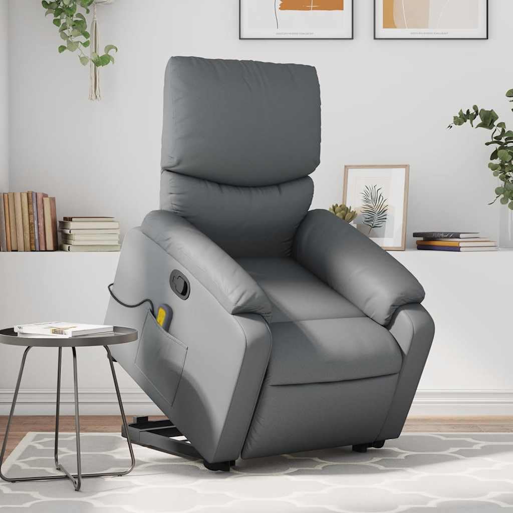 Sillón elevador reclinable con masaje de 6 puntos, color gris, piel sintética, para personas mayores, función de elevación eléctrica y vibración, cómodo asiento acolchado