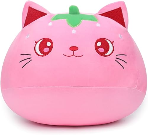 Almohada de peluche de gato de fresa de 7 pulgadas, animales de peluche de gatito rosa, suave peluche Kawaii para abrazar a los gatos para niños