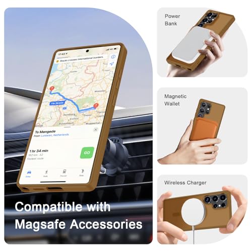 Image of YENAPOON for Samsung Galaxy S25 Ultra Case, Matte Magnetic Phone Cover [with 1 Screen Protector] [Support for MagSafe] [Shockproof Military Grade Protection] Translucent Frosted Back, Brown