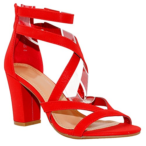 TRENDSUP COLLECTION Women's Chunky Heel Ankle Strap Sandals (8, Red)