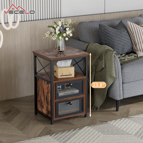 Image of VECELO Nightstand Set of 2, End Table with Flip Drawer, Modern Night Stand for Bedroom,Living Room, Office, Easy Assembly, Walnut Brown