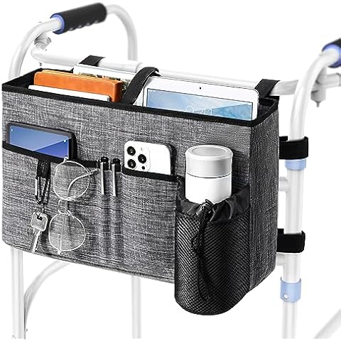 Rhino Valley Walker Bag, Multi Pockets Folding Walker Basket Tote Bag with Cup Holder, Hand-free Carry Pouch Storage Bag for Universal Walkers, Large Capacity Organizer for Seniors Elderly, Gray Cover