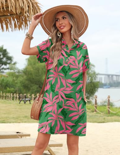 Image of HOTOUCH Womens Summer Shirt Dress 2026 Short Sleeve Floral Shift Dress Casual Loose Flowy Beach Sundress with Pockets