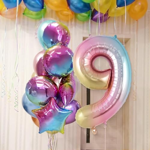 Image of Rozi Decoration 32 Inch Rainbow Number 9 Foil Balloon - Large Metallic Gradient Party Decoration Balloon for Birthday, Anniversary & Events | Easy Inflate & Hang | Reusable Celebration Decor Pack of 1
