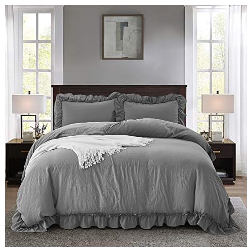 HIGI 3 Piece Washed Duvet Cover King with Handcraft Ruffle - 100% Brushed Microfiber Fabric Comforter Cover with French Country Style, Machine Washable Bedding Set with Zipper Closure, Dark Gray(Jana)