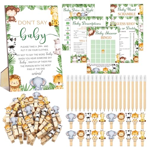 Image of Patelai 321 Safari Animal Baby Shower Games Jungle Animal Shower Birthday Party Supplies Wooden Don't Say Baby Theme Gender Reveal Party Games 5 Sets Activities Cards 20 Pencils 50 Clothespin