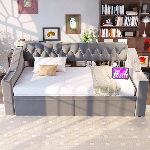 Coolywood Sofá cama tapizado, estante integrado en los reposabrazos, tela de terciopelo (gris-1)