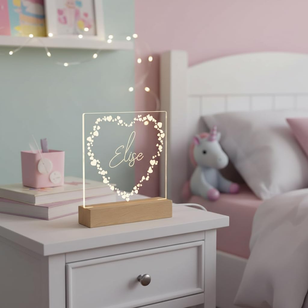 Ukgiftstoreonline White Any Name And Heart Personalised Night Light Led Lamp Gift