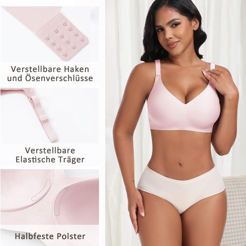 Jiuday Reggiseno senza ferretto, reggiseno push up con seni grandi, tenuta forte, senza stiratura, imbottito, senza cuciture, senza buegel, nero + rosa., S