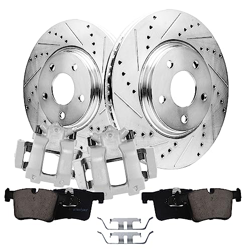 Image of Detroit Axle - Front Drilled Brake Rotors Ceramic Brake Pads w /Hardware Calipers Replacement for 428i 430i xDrive Gran Coupe - 6pc Set