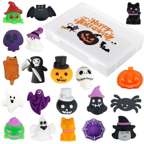 MORAINJAY 20 peças brinquedos Mochi Squishy de Halloween com caixa de presente, bonecas anti-stress de abóbora, fantasma e morcego, enchimento para sacos de detalhes de festa para crianças