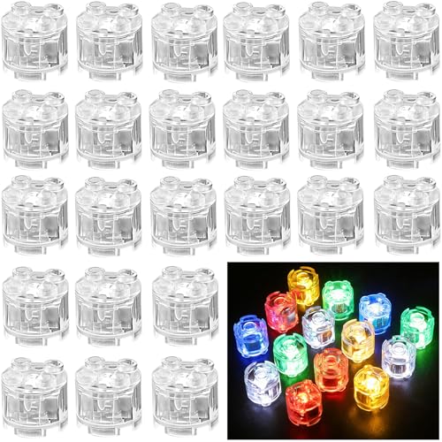 Joycabin 24 Stück Leuchtende Bausteine 2x2 LED Leuchtsteine Transparent Runde Bausteine Lampe Bausteinteile Set Spielzeug Kompatibel mit Allen Großen Marken von Bausteinen