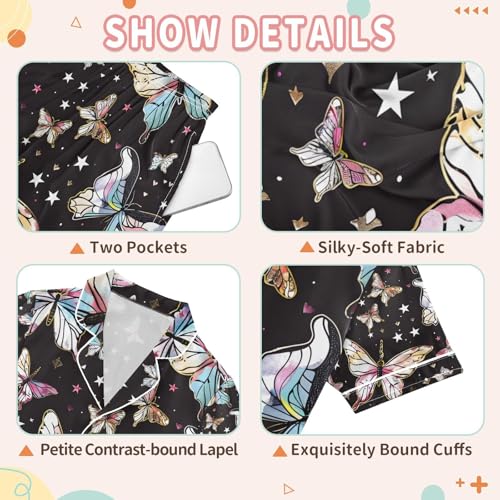 senya Butterflies Star Black Satin Summer Pajama Sets Silk Short Sleeve Button Down Sleepwear3