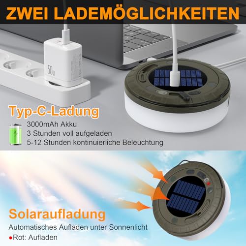 RISEMART Camping Lichterkette Aufrollbar 10M, Campinglampe mit Solaraufladung Wasserdicht Tragbare Aufrollbare Lichterkette Außen mit 5 Beleuchtungsmodi für Camping, Wandern und Hof Dekoration