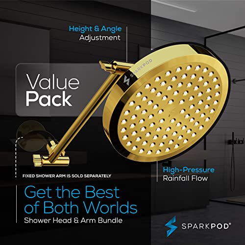 Sparkpod Rain Shower Head With Shower Arm Extension - High Pressure Rain - Luxury Modern Look - No Hassle Tool-Less 1-Min Installation (11" Shower Arm Extension, Egyptian Gold) #TOP2