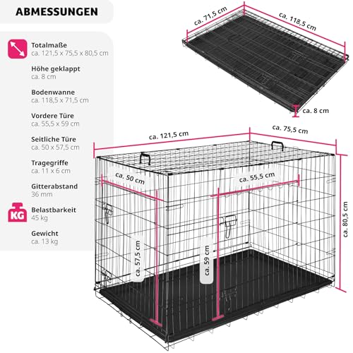 tectake® Hundekäfig, Hundegitter Box, Dog Kennel, Hundebox faltbar, Transportbox stabil, für Hunde und Welpen, für Kofferraum, Auto, Camping und Zuhause, Wohnung - 121,5 x 75,5 x 80,5 cm