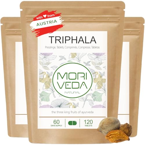 MoriVeda Triphala Presslinge 1000mg, 3x 120 Tabletten, Ayurvedische Dreifrucht-Mischung aus Amla, Haritaki & Bibhitak, pflanzliches Ergänzungsmittel vegan