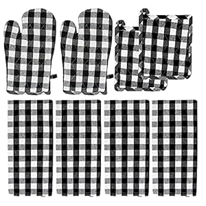 Black Buffalo Check Pot Holders Oven Mitts Sets with 4 Black Buffalo Plaid Kitchen Towels 8 Piece Kitchen Set Black and White Dish Towels Cotton