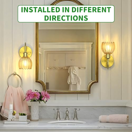 Image of Wall Sconces Lights Lamp for Bedroom Bathroom, Modern Vanity Light Fixtures, Wall Mount Lighting Vintage Tulip Amber Glass Shade for Living Room Mirror Hallway Kitchen