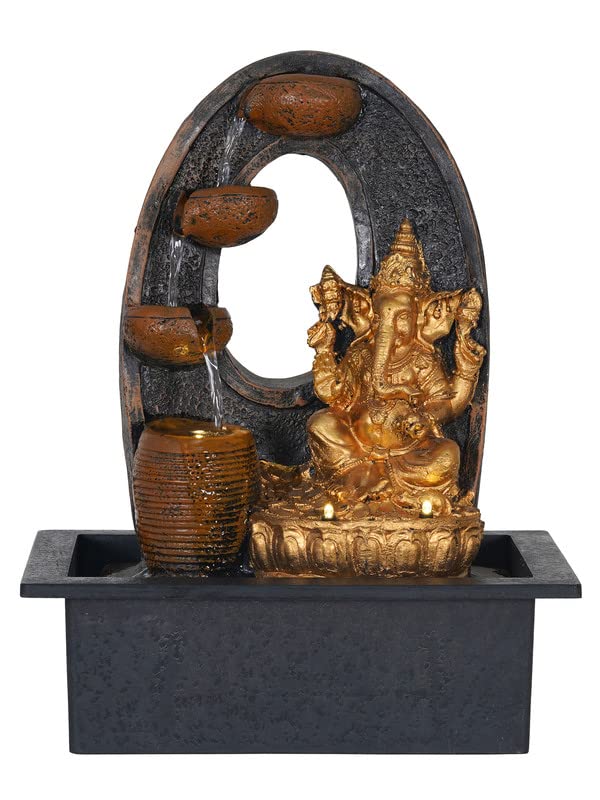 Image of Polyresin Chocolate Colour Table Top Indoor Rock Finish Waterfall Fountain for Home Decor with LED Lights, Speed Controller Pump & Crystal Ball (Size: 25.5 x 21 x 18.5CM | Wt: 1145grm)
