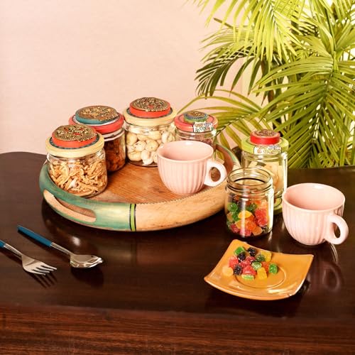 Image of AAKRITI ART CREATIONS Handcrafted Wooden Tray Set with 6 Colorful Painted Glass Jars and 2 Ceramic Cups | Dhokra Madhubani Fusion Art | Glossy Wood Tray | Kitchen & Serving Organizer