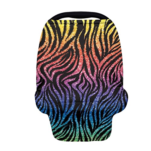 Image of Coldinair Rainbow Zebra Print Car Seat Cover for Babies Boys Girls,Soft Stretchy Nursing Cover,Breathable Infant Carseat Canopy,Shopping Cart /High Chair /Stroller Covers