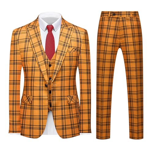 Mens 3-Piece Slim Fit Plaid Suit - Blazer, Vest, and Pants Set for Wedding Prom Casual HRX40 - Main Image