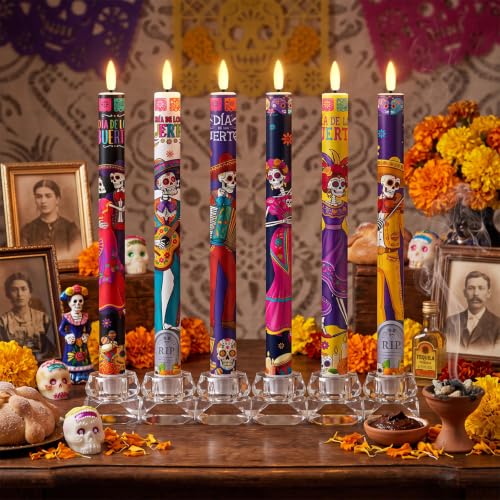 Image of 6 Pack Dia De Los Muertos LED Flameless Taper Candles with Remote, Sugar Skull Skeleton Battery Operated Candles Mexican, Day of the Dead Decorative Candle for Altar Table Home Party Decor
