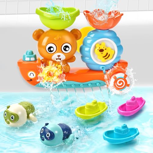 Image of Baby Bath Toys Toddlers 1-3 Bear Kids Bath Tub Toys with 2 Turtle Swimming Wind up Water Toys & 3 Floating Boat Bathtub Toys for Infants Boys Girls 18+ Months Gifts Box Set