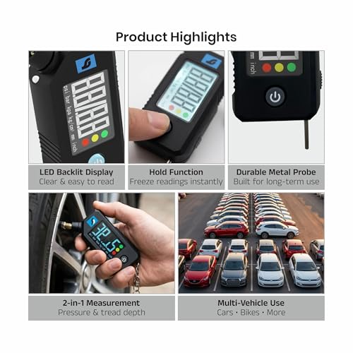 Image of Orca 2-in-1 Digital Tire Pressure Gauge 0-150 PSI with Tread Depth Gauge & LED Light, 0.1 PSI Accuracy, LCD Display Multi-Unit (PSI /BAR /KPA /Kg /cm), Keychain Tyre Pressure Checker for Car, Bike, SUV