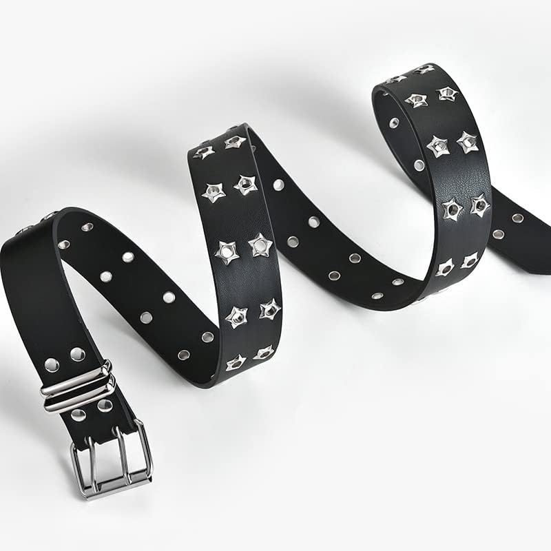 Women Punk Belt Black Double Grommet Stars Adjustable Waist Belt with Chain Hip-hop Style3