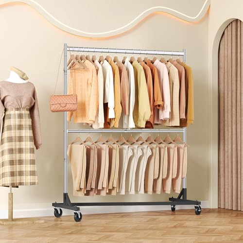 Image of Hoctieon Double Rod Z Rack, Set of 2,Rolling Clothes Racks with Z-Base, Adjustable Clothing Rack, Standing Clothes Rack, Metal Clothing Racks for Hanging Clothes, Portable Garment Rack, Chrome