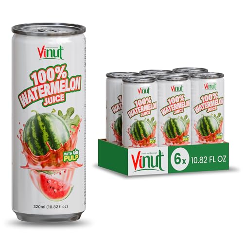 Image of VINUT 100% Watermelon Juice with Pulp, Hydrating Electrolyte Drink, No Added Sugar, Not From Concentrate, Gluten Free & Non-GMO Drink, 100% Vegan /Plant-Based, 10.82 fl oz Cans (Pack of 6)