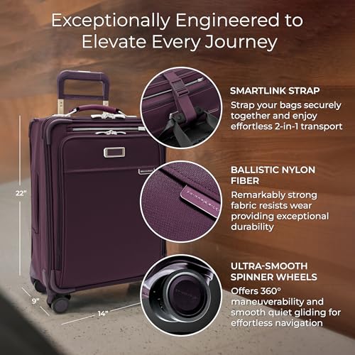 Image of Briggs & Riley Essential 22 inch Carry On Expandable Spinner - Luggage for Travel, Suitcases with Wheels, Softside Rolling Bag for Men & Women, Self-Repairing Zipper - Baseline Collection, Plum