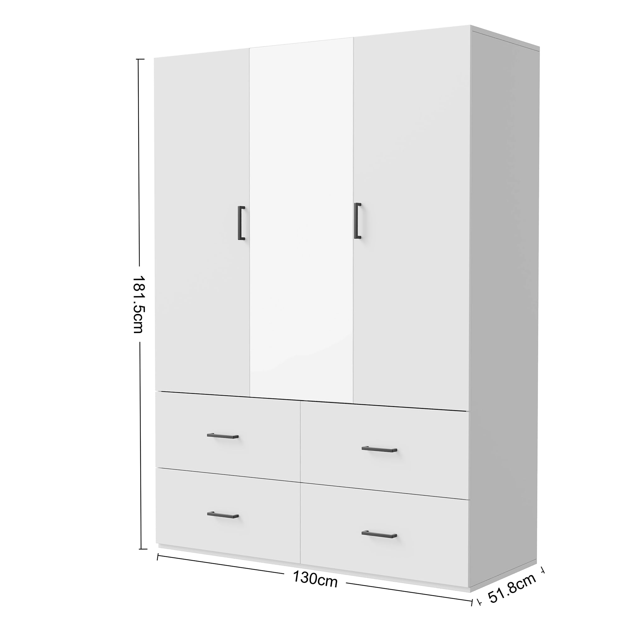 Armadio con Specchio, Armadio per Camera da Letto con 2 Ante e 4 Cassetti, Armadio moderno, Armadio in legno laminato, 130x51.8x181.5 cm, Bianco (Specchio al centro, 130x51.8x181.5 cm)