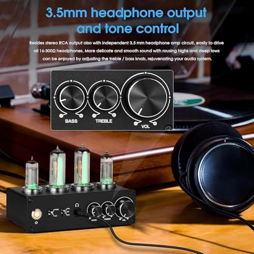 Phono Preamplificador de tubo de vacío con control de ganancia y perilla de volumen, compatible con reproductor de discos MM, RCA estéreo/3,5 mm para sistema de audio doméstico