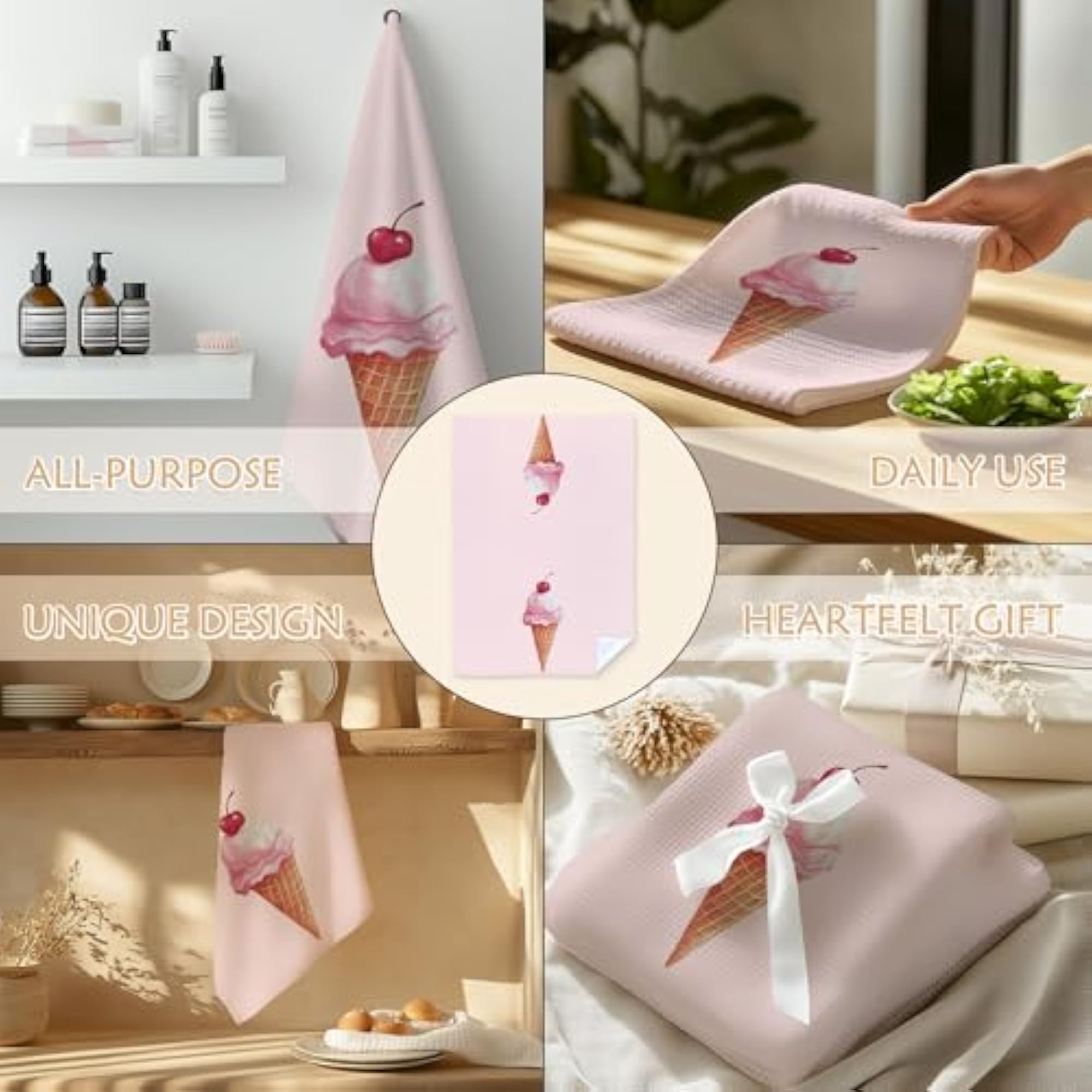 Pink Ice Cream Summer Kitchen Towels for Dessert Lovers